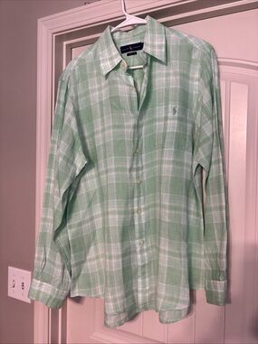 Ralph Lauren Men’s Mint Green linen Plaid Button-Down Shirt
